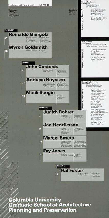 Columbia University - Graduate School of Architecture Planning and Preservation - Lectures and Exhibitions - Fall 1988 - Wednesday Lecture Series