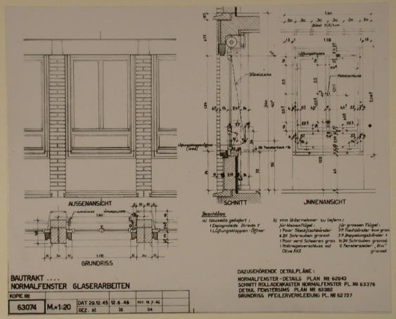 Bildbericht über die Fensterfabrik Albisrieden, Planskizze für Glaserarbeiten / Normalfenster