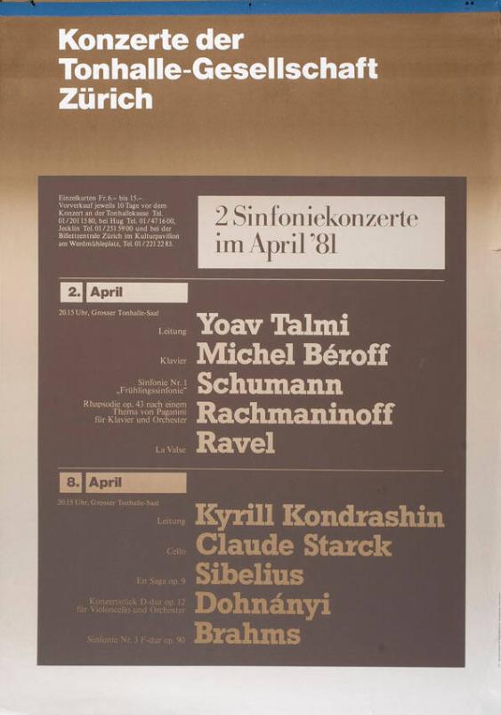 Konzerte der Tonhalle-Gesellschaft Zürich - 2 Sinfoniekonzerte im April '81
