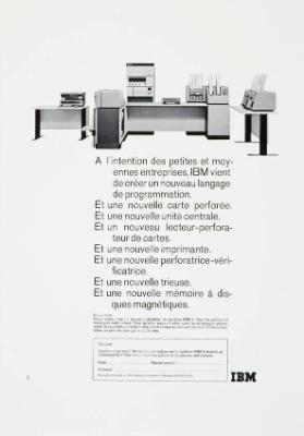 A l'intention des petites et moyennes entreprises, IBM vient de créer un nouveau langage de programmation. Et une nouvelle carte perforée. Et une nouvelle unité centrale. Et un nouveau lecteur-perforateur de cartes. [...]