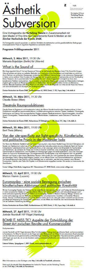 Ästhetik@Subversion, Programm Frühlingssemester 2011