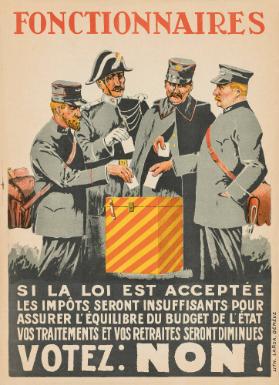 Si la loi est acceptée -  Les impôts seront insuffisants pour assurer l'équilibre du budget de l'état - Vos traitements et vos retraites seront diminues - votez: NON!