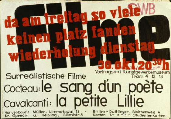 SWB - Filme - Surrealistische Filme - Cocteau: Le sang d'un poète - Cavalcanti: La petite Lillie - Vortragsaal Kunstgewerbemuseum - Da am Freitag so viele keinen Platz fanden Wiederholung Dienstag