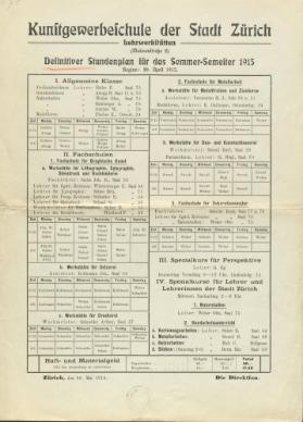 Kunstgewerbeschule der Stadt Zürich, Stundenplan SS 1915