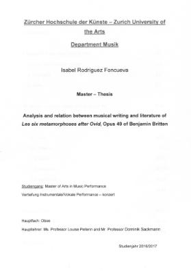 Analysis and relation between musical writing and literature of Les six metamorphoses after Ovid, Opus 49 of Benjamin Britten