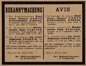 Bekanntmachung - (...) sind wegen Spionage zum Tode verurteilt und heute erschossen worden. Paris, den 29. August 1941. Der Militärsbefehlshaber in Frankreich - Avis (...)