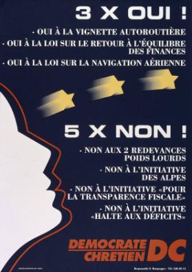 3 x Oui! - Oui à la vignette autoroutière - Oui à la loi sur le retour à l'équilibre des finances - Oui à la loi sur la navigation aérienne - 5 x Non! - Non aux redevances poids lourds - Non à l'initiative des alpes - Non à l'initiative 'pour (...)