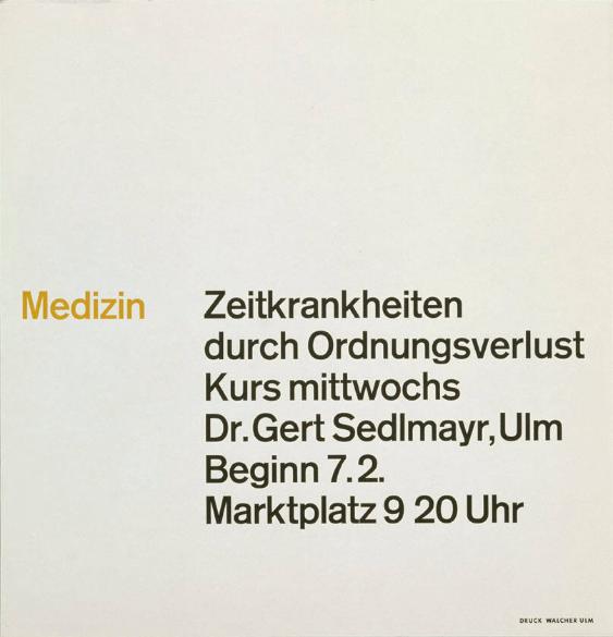 Medizin - Zeitkrankheit durch Ordnungsverlust - Kurs mittwochs - Dr. Gert Sedlmayr, Ulm - Beginn 7.2. Marktplatz 9 20 Uhr