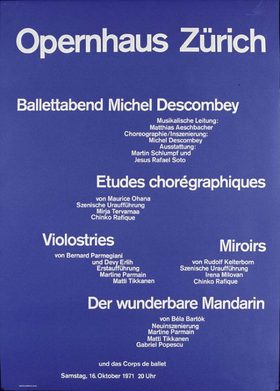 Opernhaus Zürich - Ballettabend Michel Descombey - Etudes choréographiques - Violostries - Miroirs - Der wunderbare Mandarin