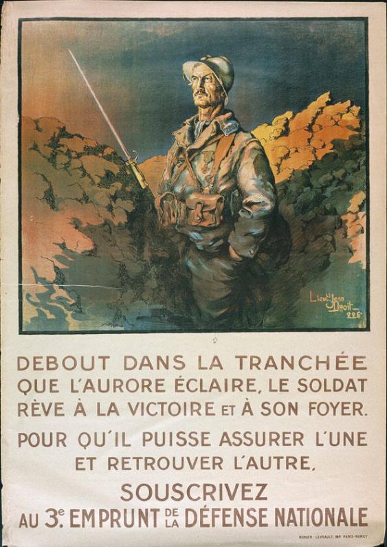 Debout dans la tranchée que l'aurore éclaire, le soldat fève à la victoire et à son foyer. Pour qu'il puisse assurer l'une et retrouver l'autre. Souscrivez au 3.e emprunt de la défense nationale.