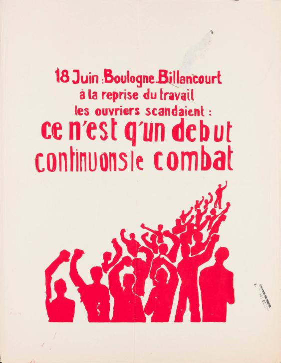 18 juin: Boulogne Billancourt à la reprise du travail les ouvriers scandaient: ce n'est q'un debut - continuons le combat