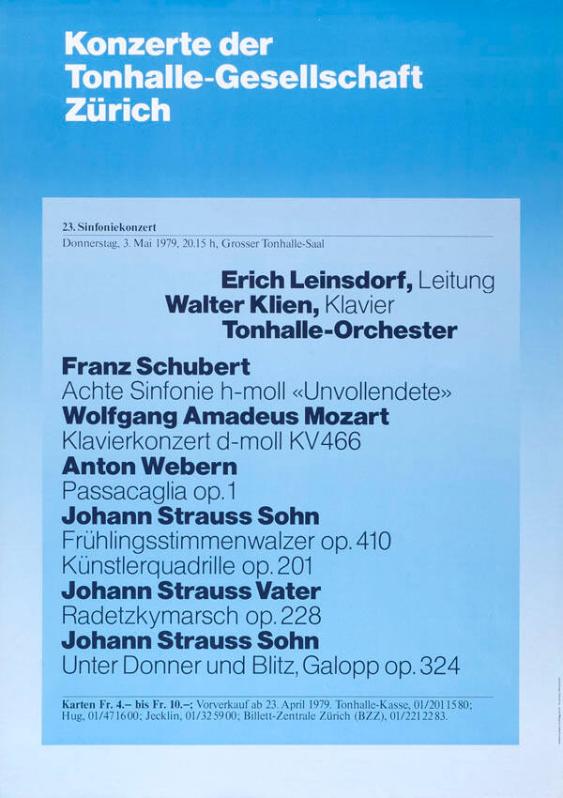 Konzerte der Tonhalle-Gesellschaft Zürich - Erich Leinsdorf, Leitung - Walter Klien, Klavier - Tonhalle-Orchester