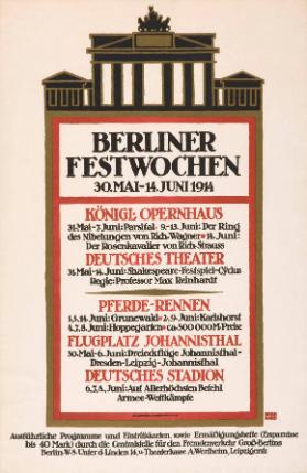 Berliner Festwochen 30. Mai - 14. Juni 1914 - Königl. Opernhaus - Deutsches Theater - Pferde-Rennen - Flugplatz Johannisthal - Deutsche Stadion