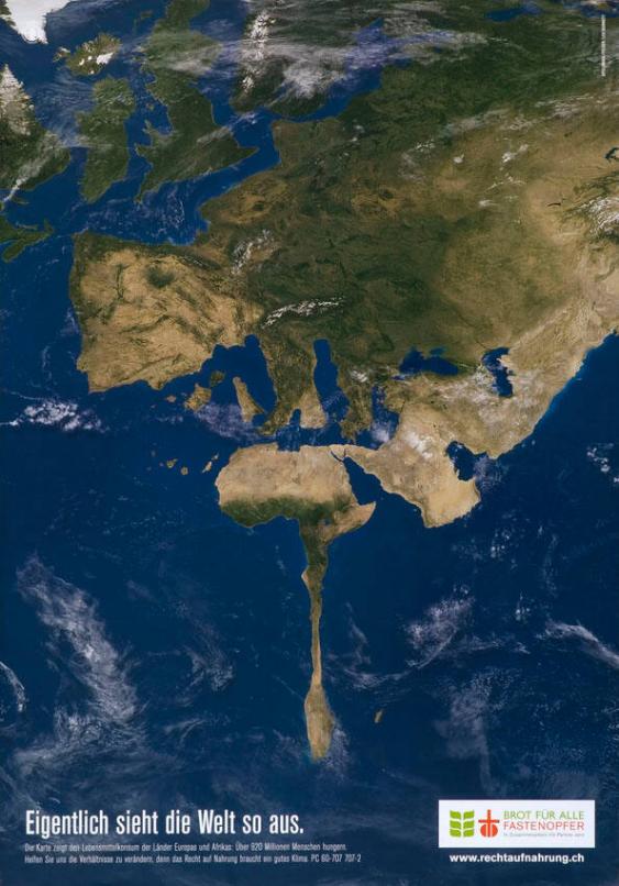 Eigentlich sieht die Welt so aus. Die Karte zeigt den Lebensmittelkonsum der Länder Europas und Afrikas: Über 920 Millionen Menschen hungern. Helfen Sie uns die Verhältnisse zu verändern (...). - Brot für Alle - Fastenopfer