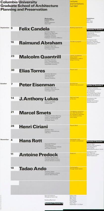 Columbia University - Graduate School of Architecture Planning and Preservation - Lectures and Exhibitions - Fall 1987 - Wednesday Lecture Series