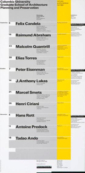 Columbia University - Graduate School of Architecture Planning and Preservation - Lectures and Exhibitions - Fall 1987 - Wednesday Lecture Series