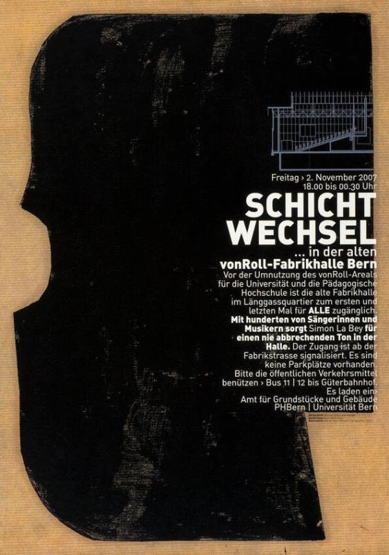 Schichtwechsel ...in der alten vonRoll-Fabrikhalle Bern - Vor der Umnutzung des vonRoll-Areals für die Universität und die Pädagogische Hochschule (...) - Mit hunderten von Sängerinnen und Musikerinnen sorgt Simon La Bey für einen nie abbrechenden (...)