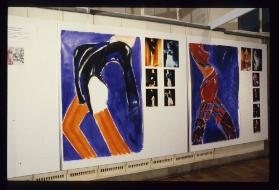 Farb-Einblicke ; Ausstellungsgestaltung : Illustrationen orange und rot mit Fotostrecken