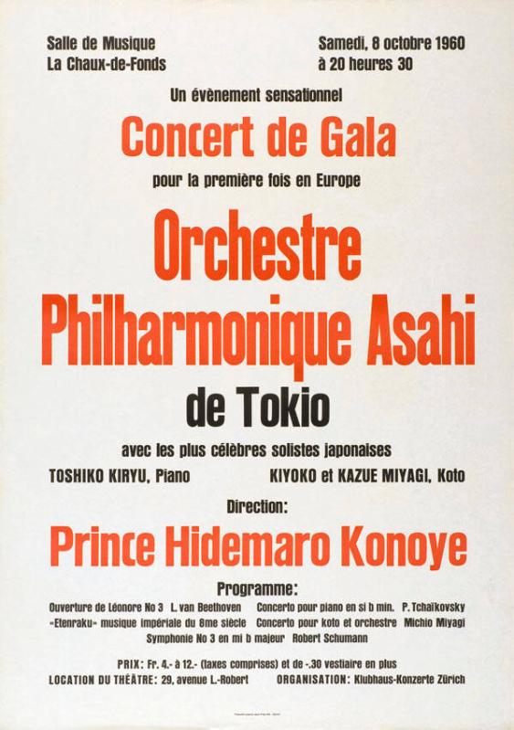 Concert de Gala - Orchestre Philharmonique Asahi de Tokyo - Direction: Prince Hidemaro Konoye - Salle de Musique La Chaux-de-Fonds