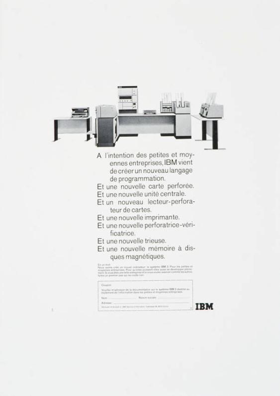 A l'intention des petites et moyennes entreprises, IBM vient de créer un nouveau langage de programmation. Et une nouvelle carte perforée. Et une nouvelle unité centrale. Et un nouveau lecteur-perforateur de cartes. [...]