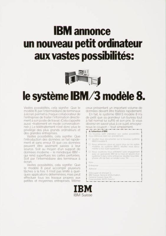 IBM annonce un nouveau petit ordinateur aux vastes possibilités: le système IBM/3 modèle 8.