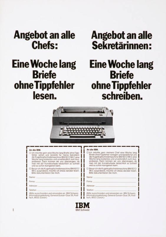 Angebot an alle Chefs: Eine Woche Briefe ohne Tippfehler lesen. - Angebot an alle Sekretärinnen: Eine Woche lang Briefe ohne Tippfehler schreiben.