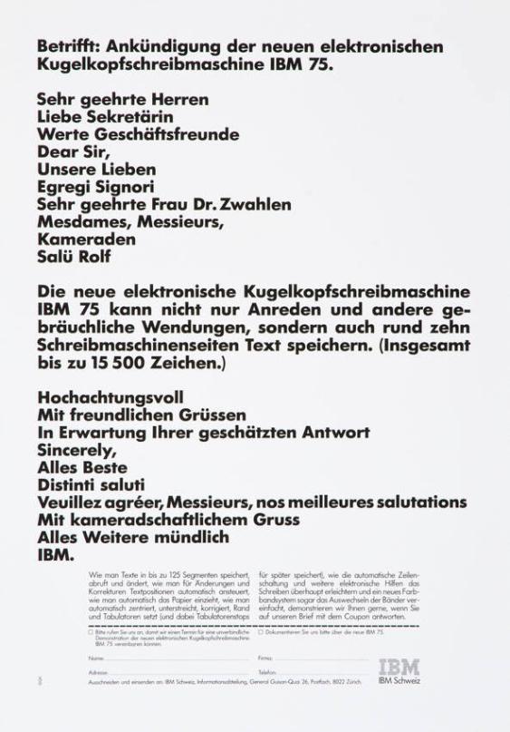 Betrifft: Ankündigung der neuen elektronischen Kugelkopfschreibmaschine IBM 75.