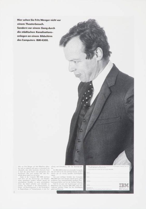 Hier sehen Sie Fritz Wenger nicht vor einem Theaterbesuch. Sondern vor einem Gang durch die städtischen Kanalisationsanlagen an einem Bildschirm des Computers IBM 4300.