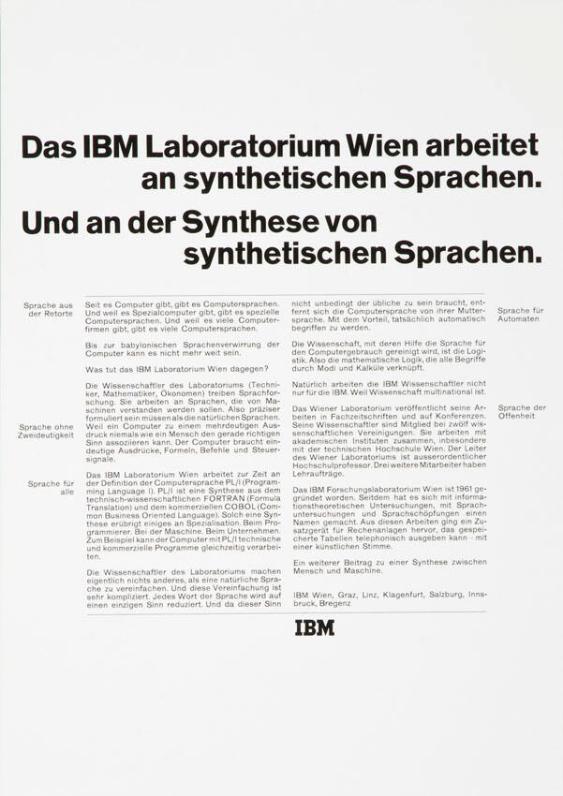 Das IBM Laboratorium Wien arbeitet an synthetischen Sprachen. Und an der Synthese von synthetischen Sprachen.