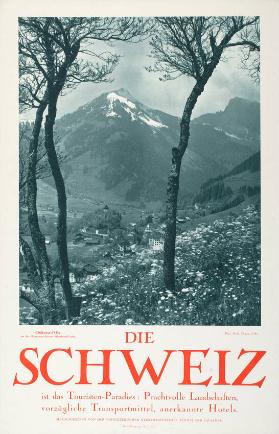 Die Schweiz ist das Touristen-Paradies: Prachtvolle Landschaften, vorzügliche Transportmittel, anerkannte Hotels. Château-d'Oex an der Montreux-Berner Oberland-Linie