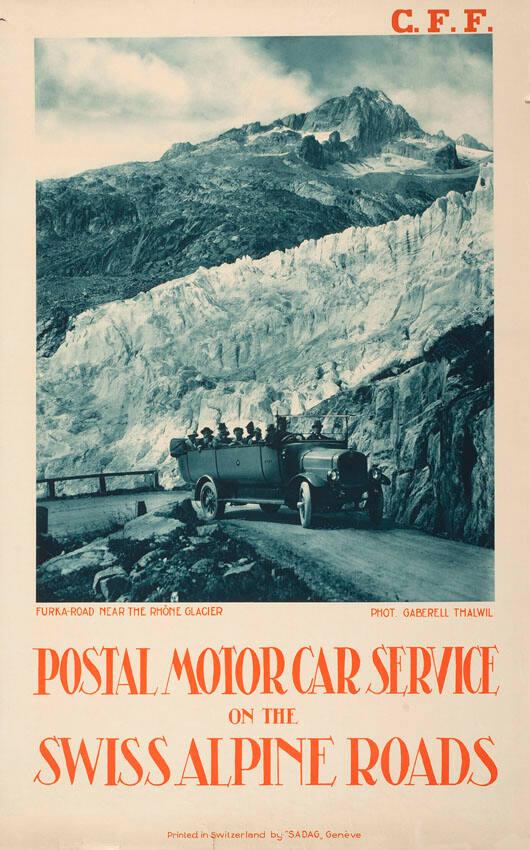 Postal motor car service on the Swiss alpine roads
