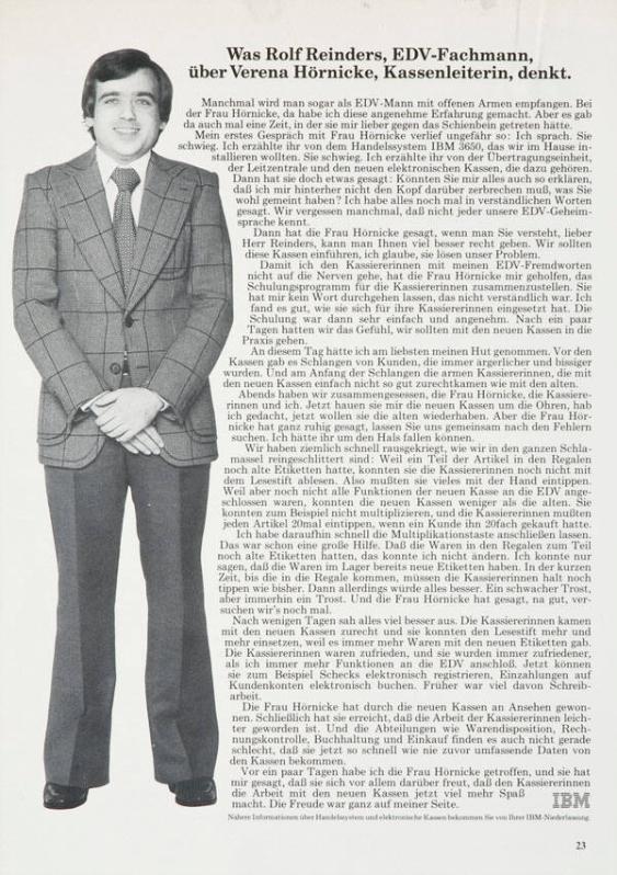 Was Verena Hörnicke, Kassenleiterin, über Rolf Reinders, EDV-Fachmann, denkt.