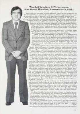 Was Verena Hörnicke, Kassenleiterin, über Rolf Reinders, EDV-Fachmann, denkt.