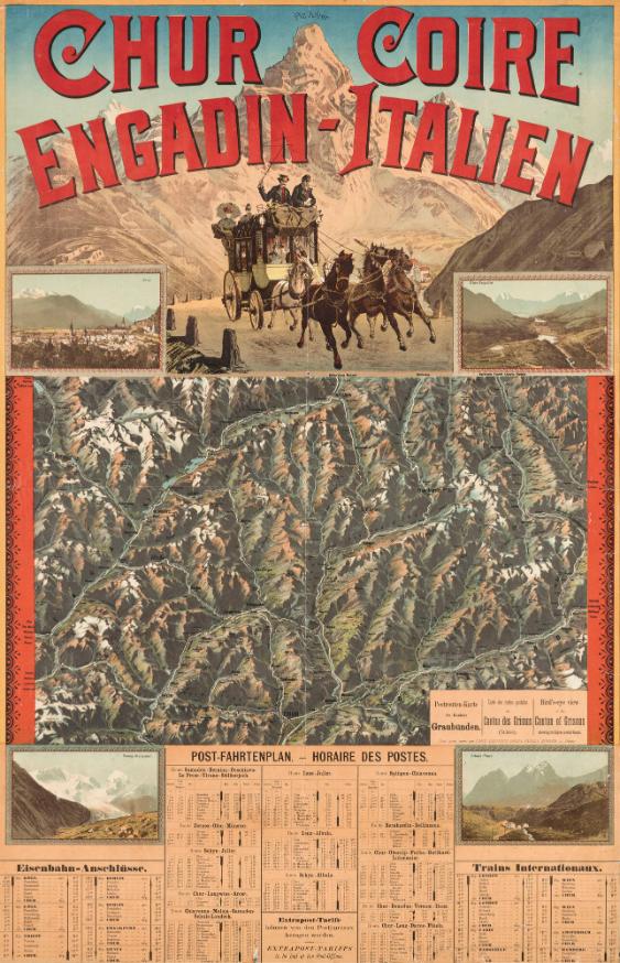 Chur Coire - Engadin-Italien - Post-Fahrtenplan. - Horaire des Postes. - Eisenbahn-Anschlüsse. - Trains Internationaux. - Extrapost-Tarife können von den Postbureaux bezogen werden. (...)