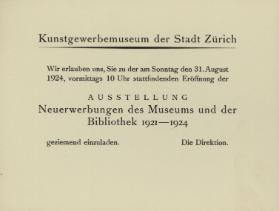 Neuerwerbungen des Museums und der  Bibliothek 1921 - 1924