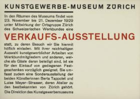 Schweizerischer Werkbund SWB 1929, Ortsgruppe Zürich. Verkaufsausstellung