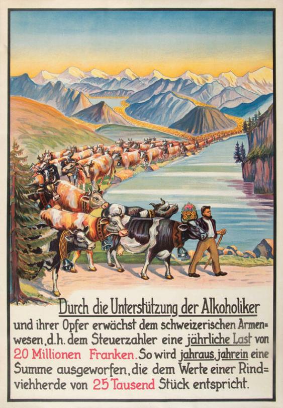 Durch die Unterstützung der Alkoholiker und ihrer Opfer erwächst dem schweizerischen Armenwesen, d.h. dem Steuerzahler eine jährliche Last von 20 Millionen Franken. So wird jahraus, jahrein eine Summe ausgeworfen, die dem Werte einer Rindviehherde von 25 Tausend Stück entspricht.