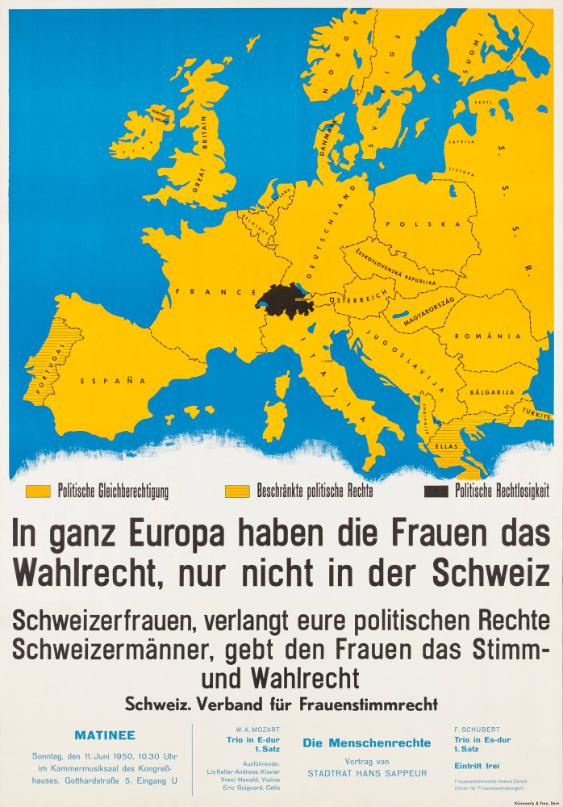 In ganz Europa haben die Frauen das Wahlrecht, nur nicht in der Schweiz - Schweizerfrauen, verlangt eure politischen Rechte - Schweizermänner, gebt den Frauen das Stimm- und Wahlrecht - Schweiz. Verband für Frauenstimmrecht