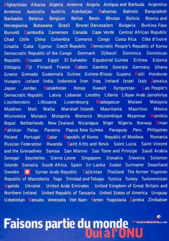 Afghanistan Albania Algeria (...) Yugoslavia Zambia Zimbabwe - Faisons partie du monde - Oui à l'ONU