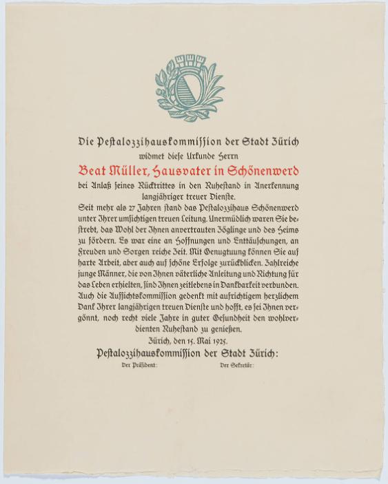Urkunde Pestalozzihauskommission der Stadt Zürich