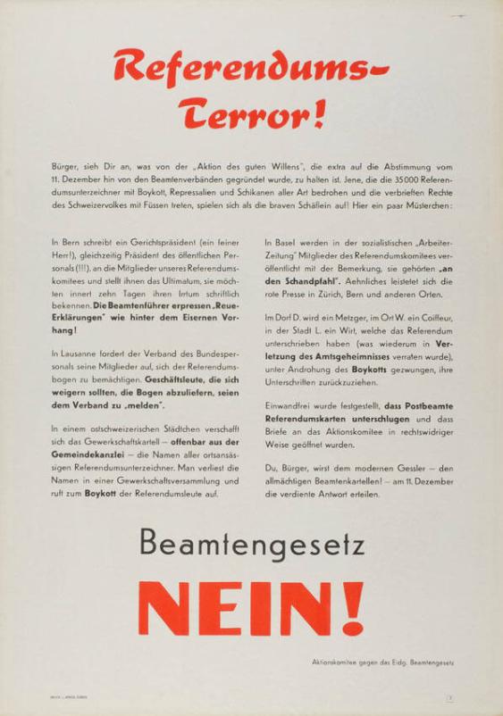 Referendums-Terror! Bürger, sieh dir an, was von der "Aktion des guten Willens", die extra auf die Abstimmung vom 11. Dezember hin von den Beamtenverbänden gegründet wurde, zu halten ist. (...) - Aktionskomitee gegen das Eidg. Beamtengesetz -  Beamtengesetz Nein