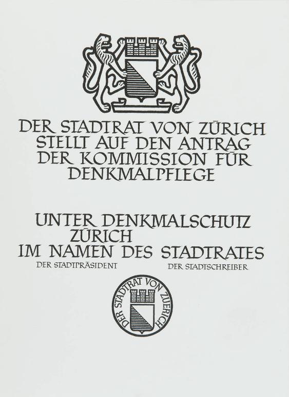 Urkunde des Stadtrates von Zürich für den Denkmalschutz