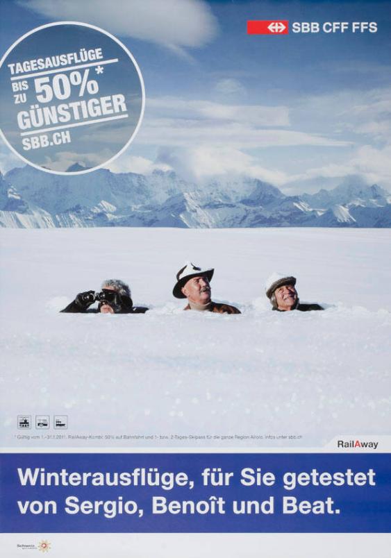 Tagesausflüge bis zu 50 % günstiger - SBB.CH - Winterausflüge, für Sie getestet von Sergio, Benoît und Beat. SBB - RailAway