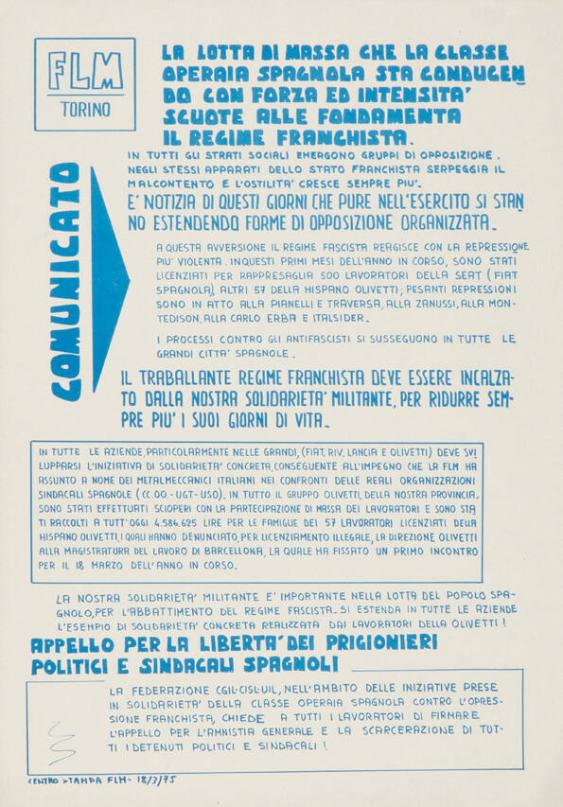 FLM Torino - Comunicato - La lotta di massa che la classe operaia spagnola sta conducendo con forza ed intensità scuote alle fondamenta il regime franchista. (...) Appello per la libertà dei prigionieri politici e sindacali spagnoli - (...)