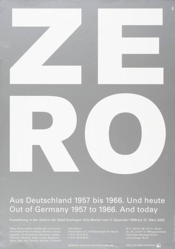 Zero - Aus Deutschland 1957 bis 1966. Und heute - Ausstellung in der Galerie der Stadt Esslingen Villa Merkel vom 3. Dezember 1999 bis 12. März 2000