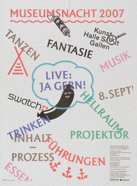Museumsnacht 2007 - Kunst Halle Sankt Gallen - Fantasie - Tanzen - Musik - Hellraumprojektor - Führungen - Swatch - Trinken- Inhalt - Prozess - Essen (recto)