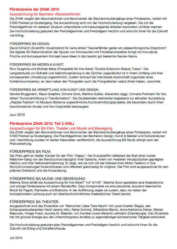Förderpreise der ZHdK 2010, Auszeichnung für Bachelor-AbsolventInnen