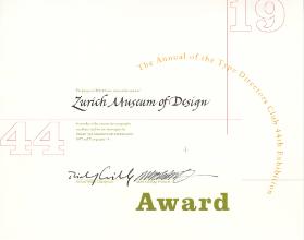 Award for typographic excellence and for the showing in the Annual Type Directors Club Exhibition for 1997 and Typography 19