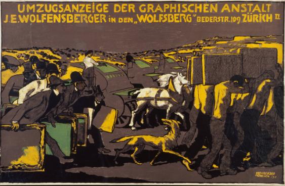 Umzugsanzeige der Graphischen Anstalt J.E. Wolfensberger in den "Wolfsberg" - Bederstr. 109 Zürich II