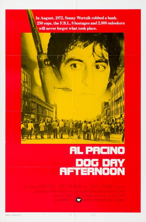 In August, 1972, Sonny Wortzik robbed a bank. 250 cops, the F.B.I., 8 hostages and 2'000 onlookers will never forget waht took place. Al Pacino - Dog day afternoon - Also Starring John Cazale - James Broderick and Charles Durning as Moretti